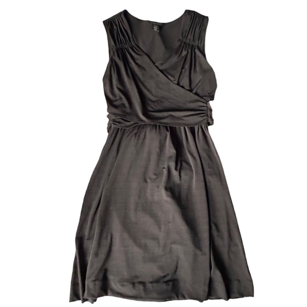Apostrophe Stretch Black Faux Wrap Dress‎ Sleeveless Pleated Surplice Tie Back S